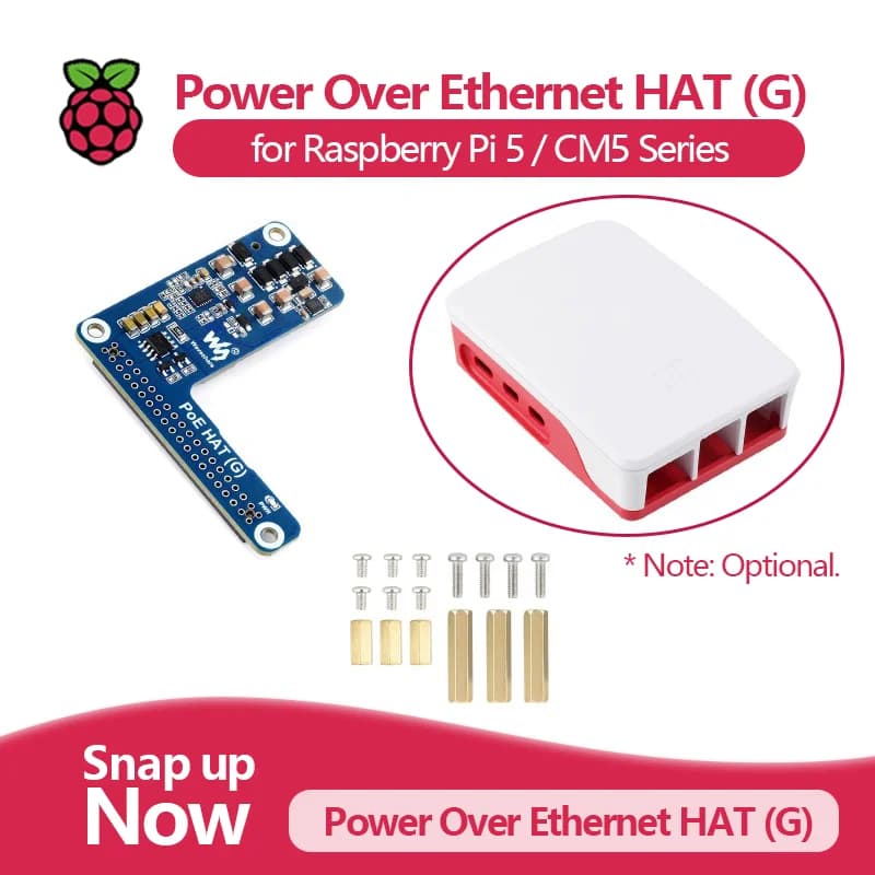 Power Over Ethernet HAT (G) for Raspberry Pi 5 / CM5, 5V 5A Output, Supports 802.3af/at, Optional Raspberry Pi 5 Official Case