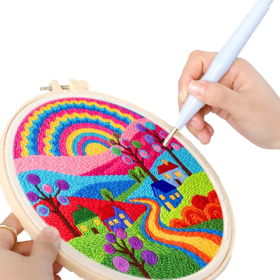 GATYZTORY punch needle embroidery frame diy 20x20cm stitch kits for needlework and creativity Bold Neon landscape Dopamine Decor