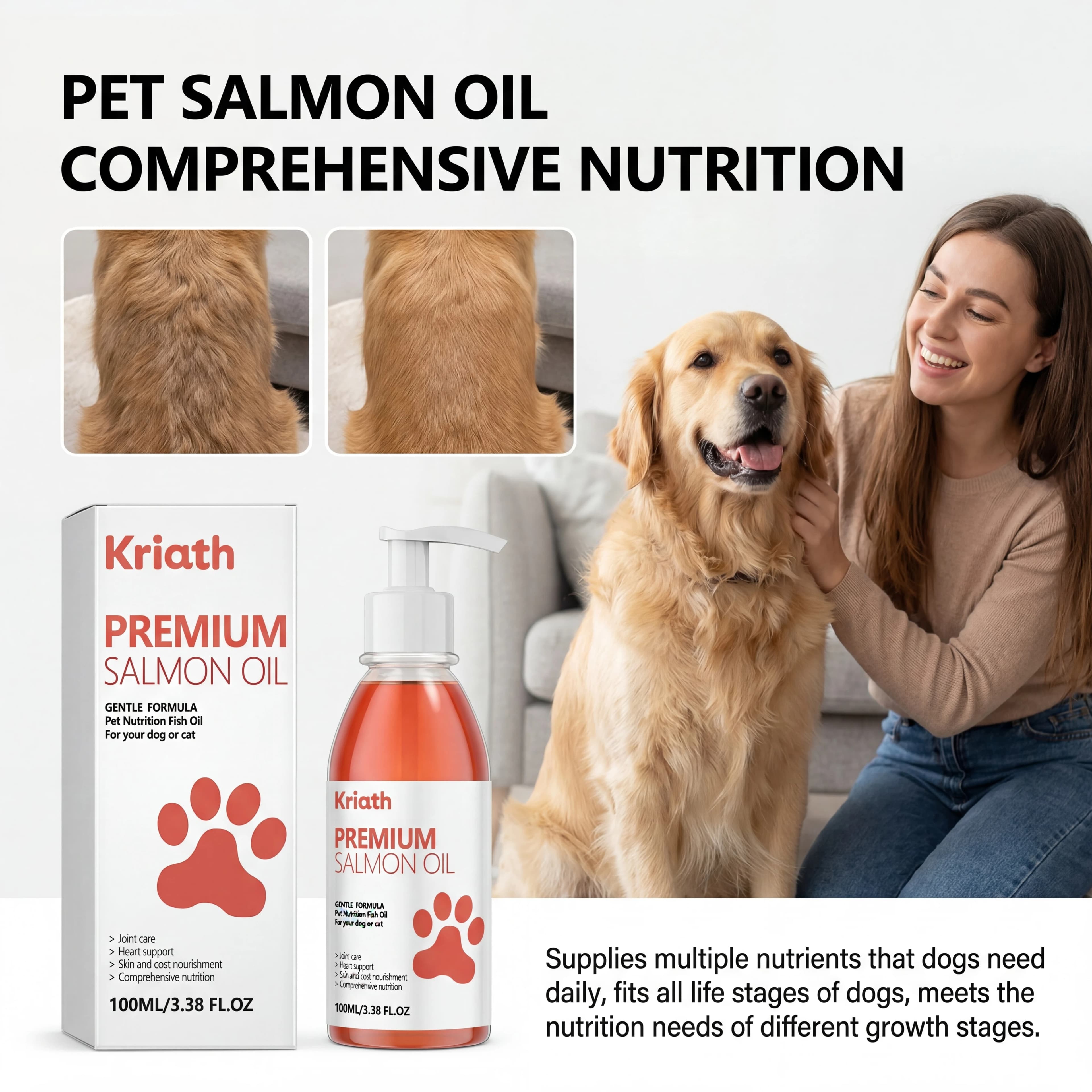 Natural Salmon Oil for Domestic Animals, Vitamin E Liquid Supplement for Dogs, for Polished Pelo and Heart Health, Flacon Delicate Formula with Pump