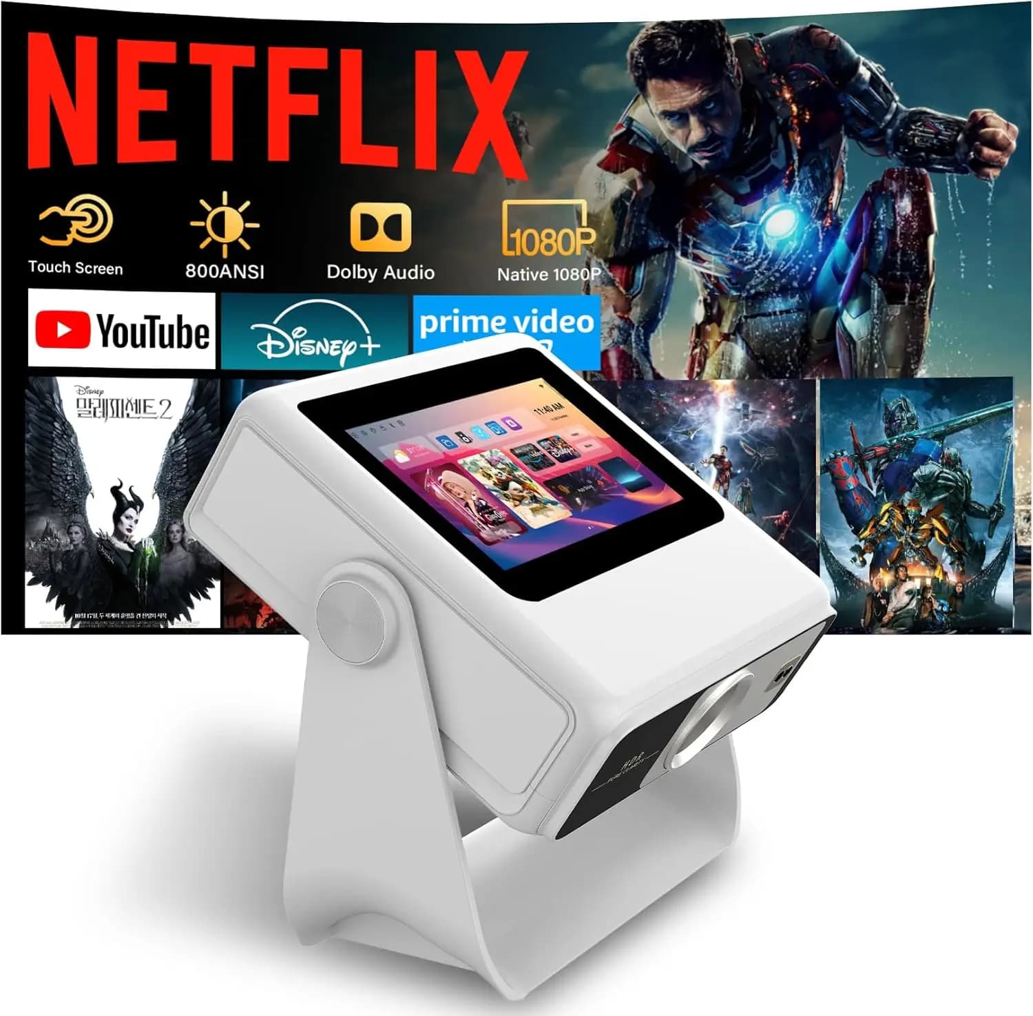 Smart Projector with WiFi and Bluetooth, 4K Supported Native 1080P Portable Outdoor Projector, Dual-Screen Sync Built-in Touchsc