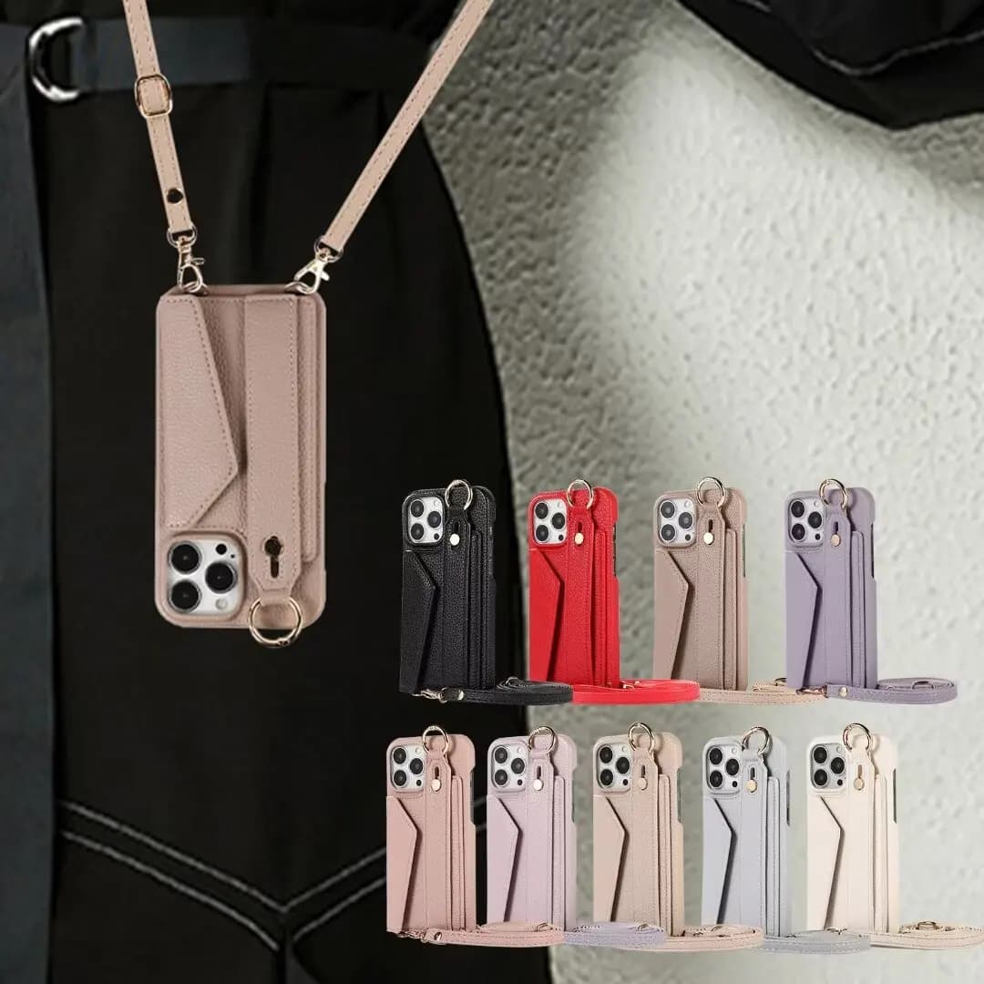 Custodia a tracolla di lusso in pelle con porta carte per iPhone 11 12 13 14 15 16 17 Pro Max Plus, con anello e cinturino da mano