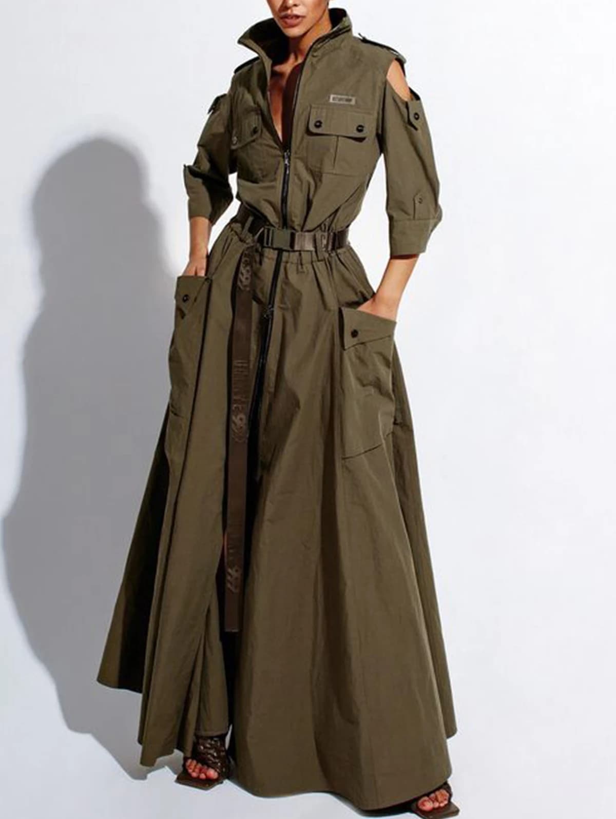Women's Cargo Dress Vintage Pockets with Hinge Vintage Pockets High Street Shoulder Strap With Ribbed Ribbon Long Dresses