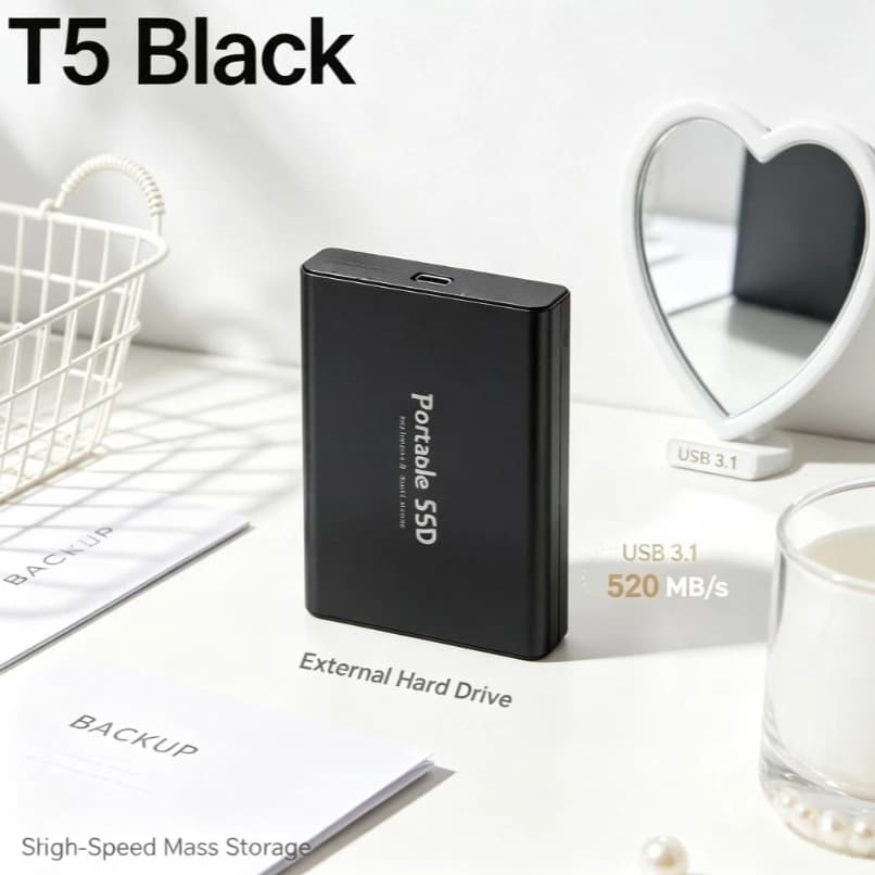 Original T5 Black Mini Portable External SSD USB 3.1 High Speed Storage Solid State Drive For Laptop Desktop PC Mac Data Backup