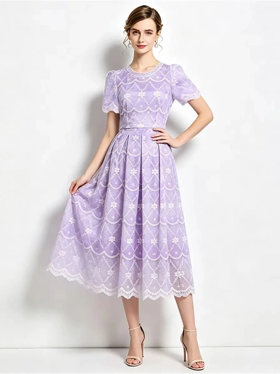 Luxury Fashion Vintage Round-Neck Embroidered Blouse and Long Skirt Two Piece Set For Women Elegant Crop Top Pleated Skirt S