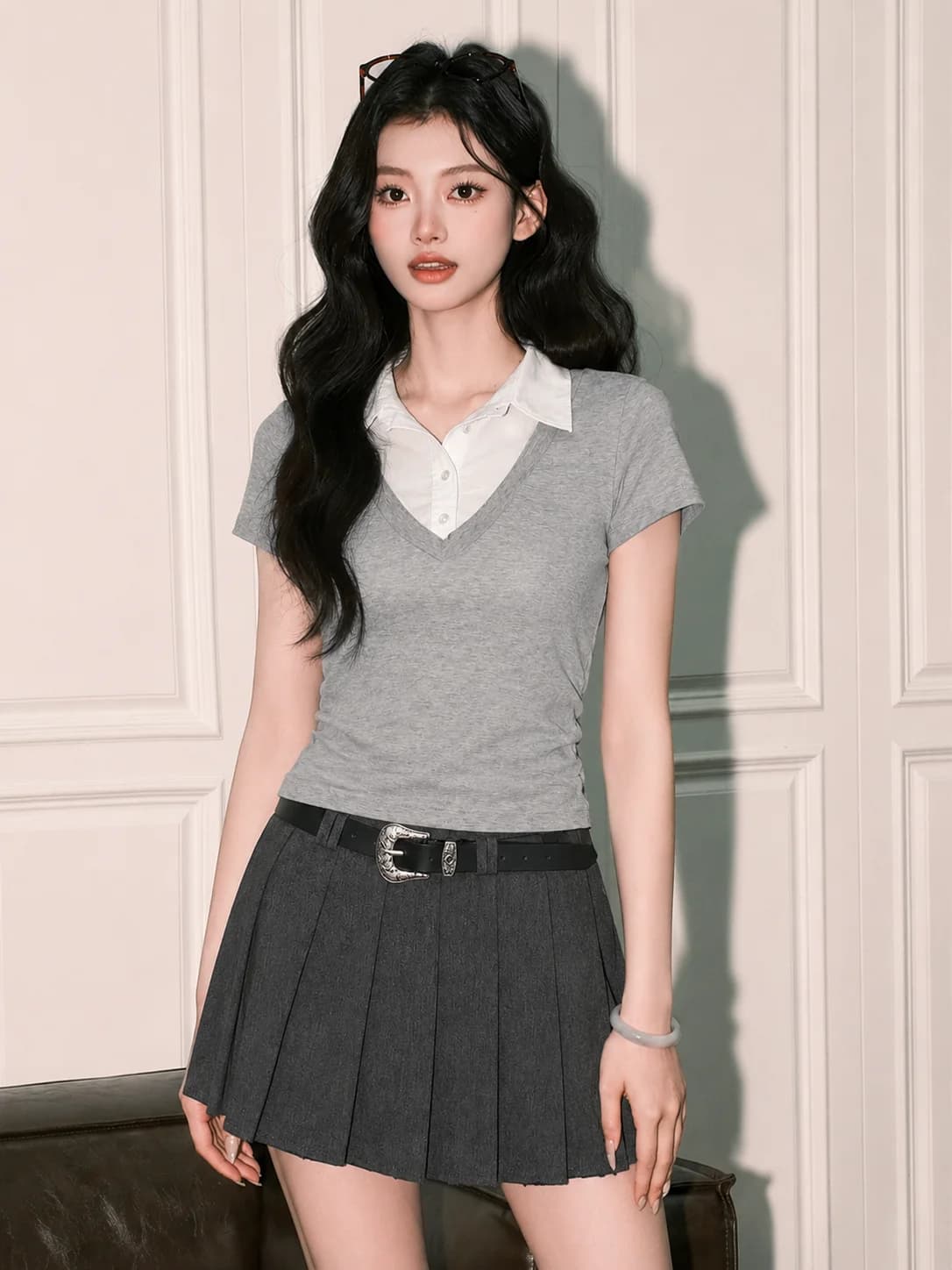 Y2K Daily Harajuku Korean College Style 2 Piece Suit Women Retro Plaid Blouse High Waist Pleated Skirt Autumn Outfits