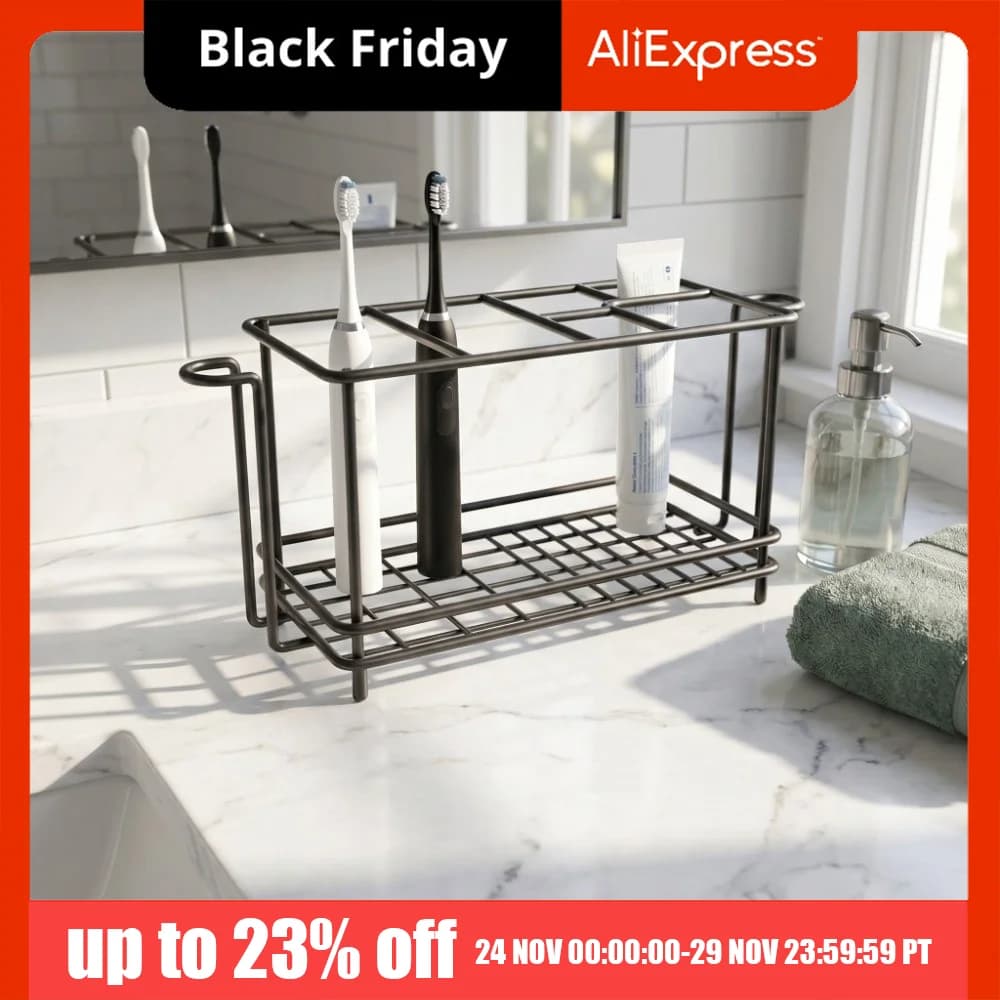 Portaspazzolini Multi-Slot Antiscivolo con Portabicchieri, Organizzatore da Bagno Salvaspazio, Portaoggetti da Bagno Antiruggine, Portaoggetti da Scrivania