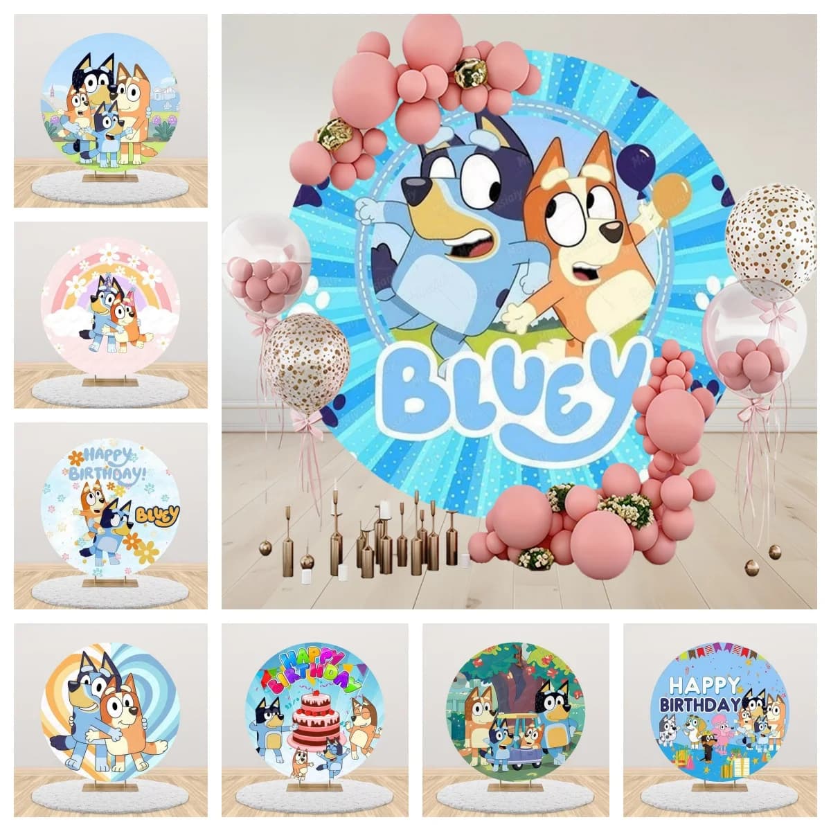Copertura per fondale rotondo Blueys, decorazione per feste di compleanno per bambini e bambine, sfondo circolare per fotografia con cane blu, baby shower