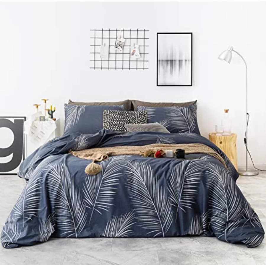 Set Copripiumino Blu Botanico 100% Cotone 3 Pezzi, Copripiumino con Motivo a Foglie Blu Navy Costiero e Chiusura a Cerniera, 2 Federe Stile Rustico