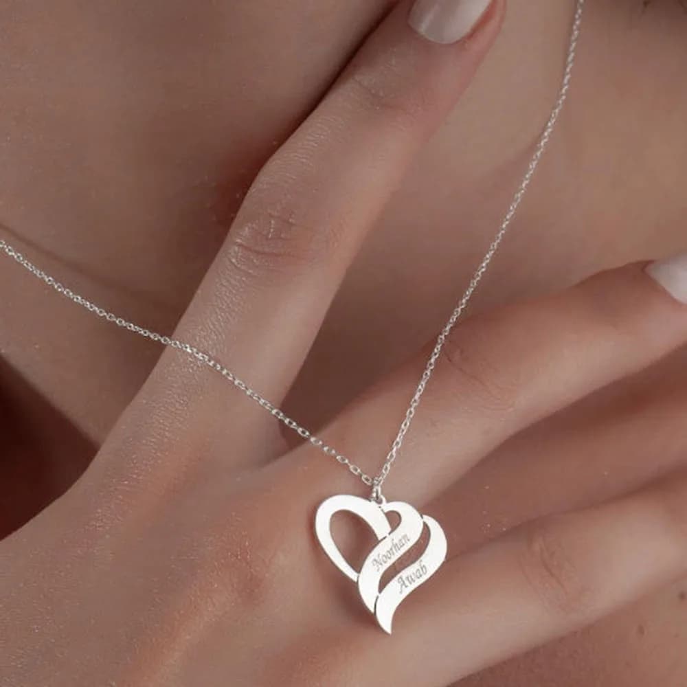 Collana personalizzata in argento puro con doppio cuore: nome personalizzabile, gioielli per coppie
