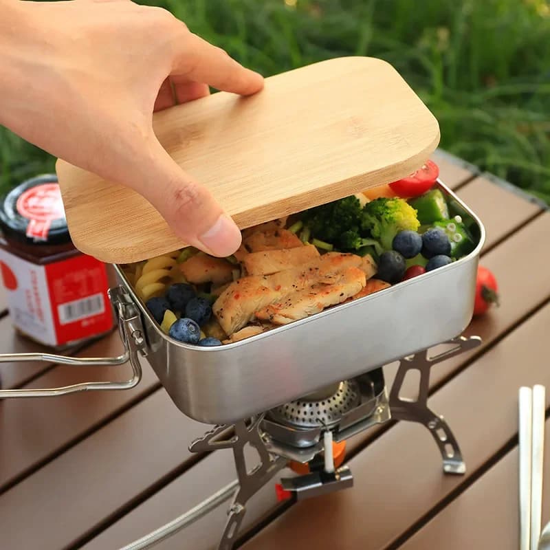 Lunch Box in acciaio inossidabile 304 Lunch Box portatile da campeggio all'aperto Cucina Tagliere in legno Scatola selvaggia Stoviglie Contenitore per cereali