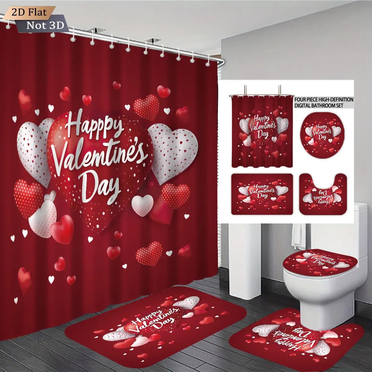 Set da Bagno 4 Pezzi a Tema San Valentino con Stampa di Rose Rosse, Tenda Doccia Impermeabile, Tappetino, Tappetino WC e Tappetino a U