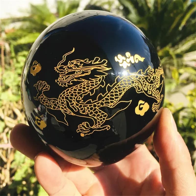 Drago di ossidiana naturale da 10 cm con decorazione per la casa con sfera di cristallo Phoenix