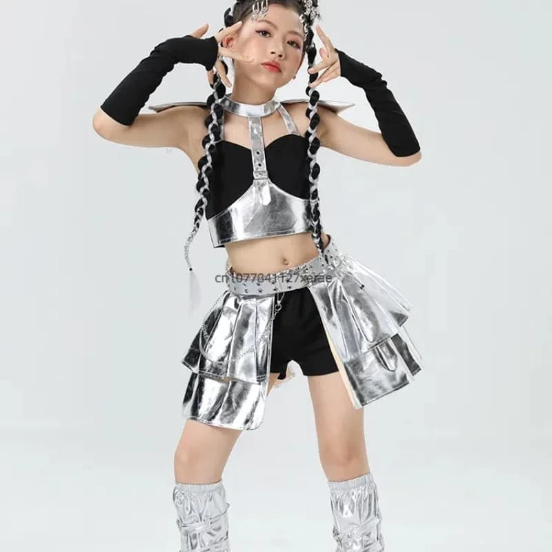 Costume da spettacolo di danza jazz per bambini, top tecnologico argentato, gonna corta, costume da palcoscenico, set costume da danza jazz per ragazza