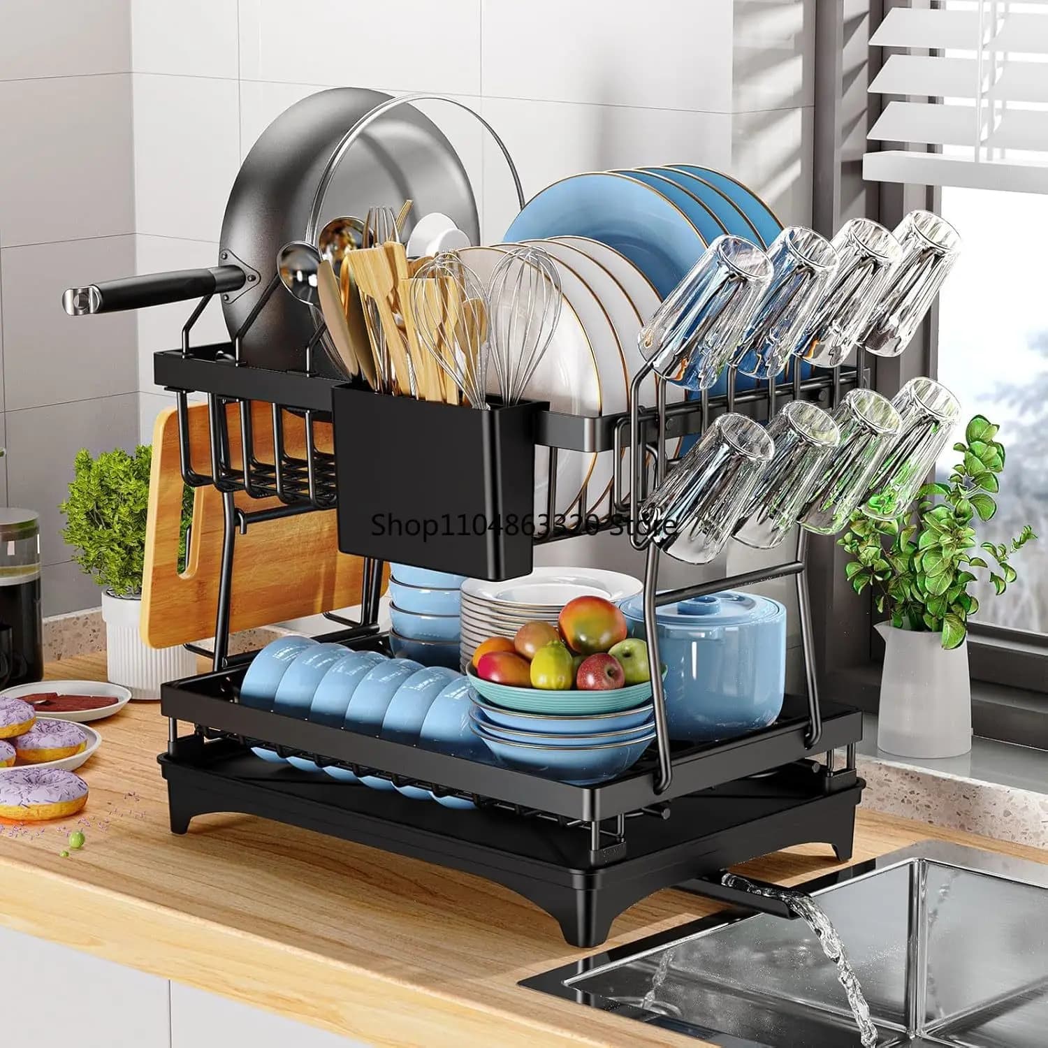 Kitchen Countertop 2-Tier Dish Drying Rack, Kitchen Countertop Dish Drainer with Drip Tray, Metal Kitchen Dish Rack with Drip Tr