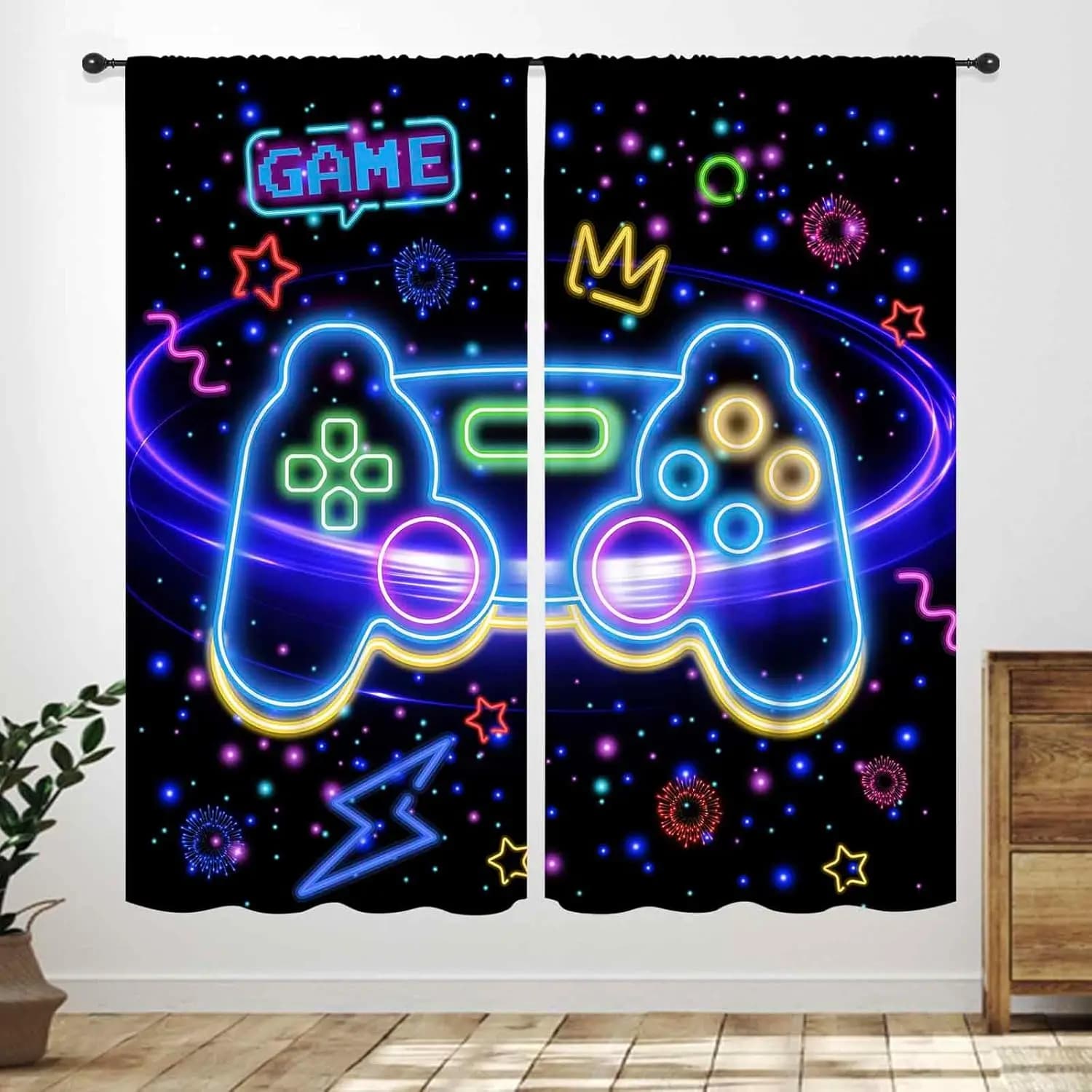 Tende da finestra per camerette da gaming, blu, con controller da gioco, tema anime gamer, tende cool per camerette di ragazzi e adolescenti