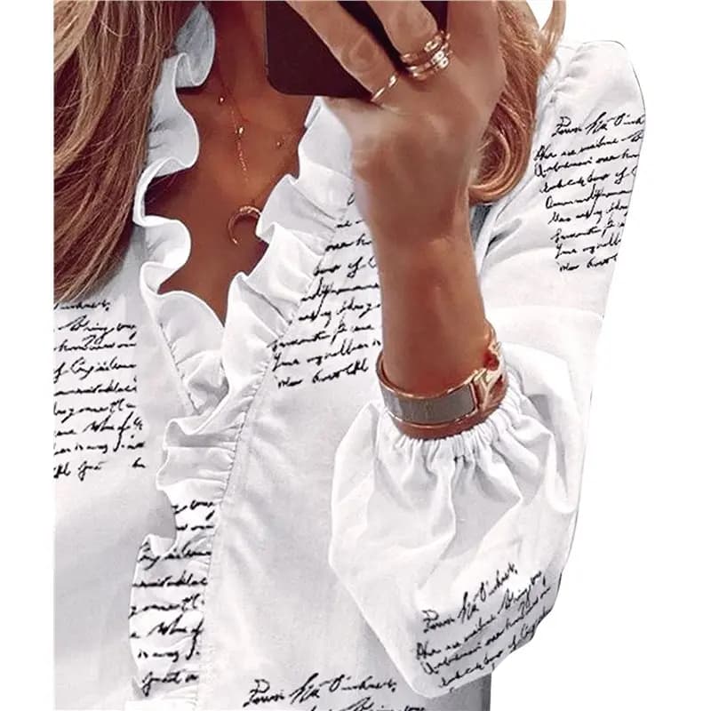 CYL-Camicetta Elegante Casual da Donna, Top a Maniche Lunghe con Volant e Scollo a V, Camicia da Lavoro, Outfit Autunnale