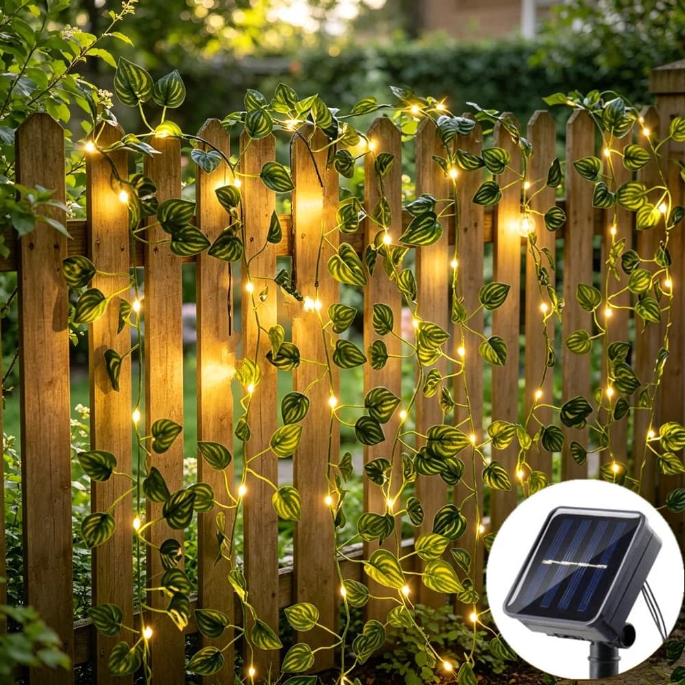 Catena Luminosa LED a Foglie Verdi Artificiali, Ghirlanda Solare per Decorazioni da Giardino, Matrimoni, Feste, Muri e Recinzioni