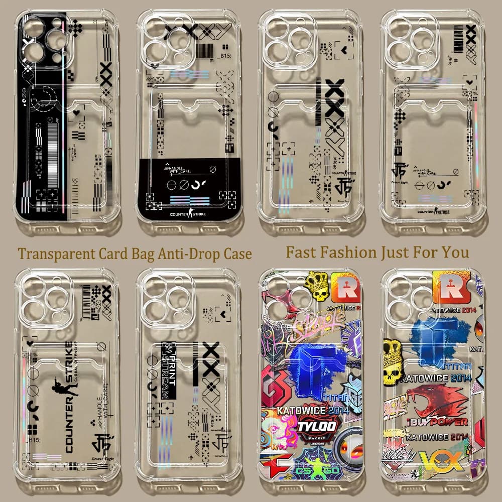 Fashion Game CS Clear GO Hot Card Hold Case For iPhone 17e 17 16e 16 15 14 13 12 11 Mini Pro Max Air Plus Anti-fall Clear Cover
