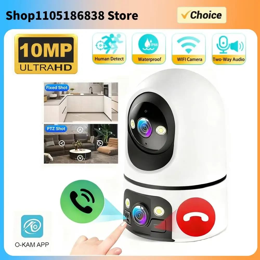 Telecamera di Sicurezza WiFi a Doppia Lente per Interni 5K 10MP, Telecamera per Animali Domestici con Tracciamento Automatico, Monitor per Bambini con Visione Notturna a Colori 6MP