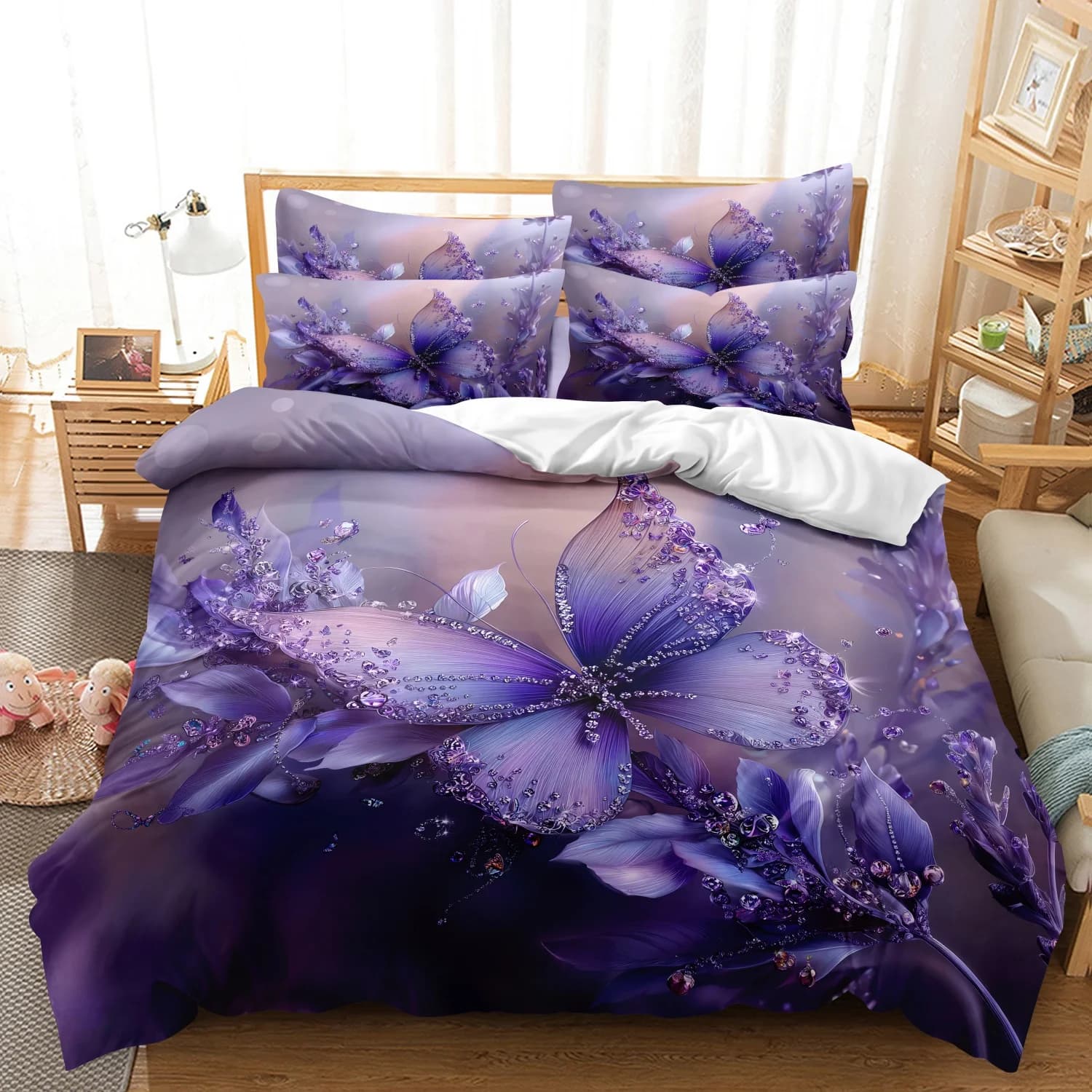 3 Pieces Luxury Crystal Butterfly Duvet Cover Set, Gradient Purple Rhinestone Floral Romantic Pattern Bedding