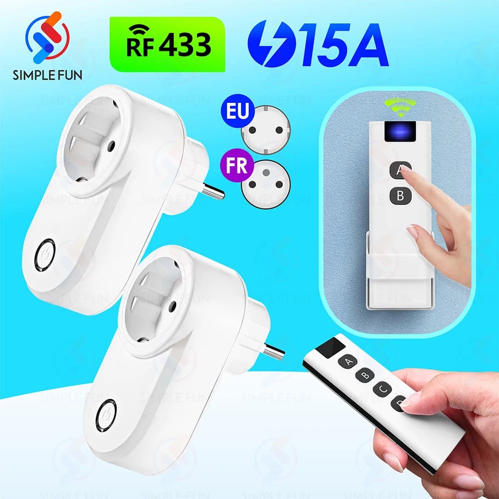 Wireless remote control socket 433 Mhz Universal intelligent plug EU FR, remote control 50 m, power outlet 15A 220 V for light blower for household appliances