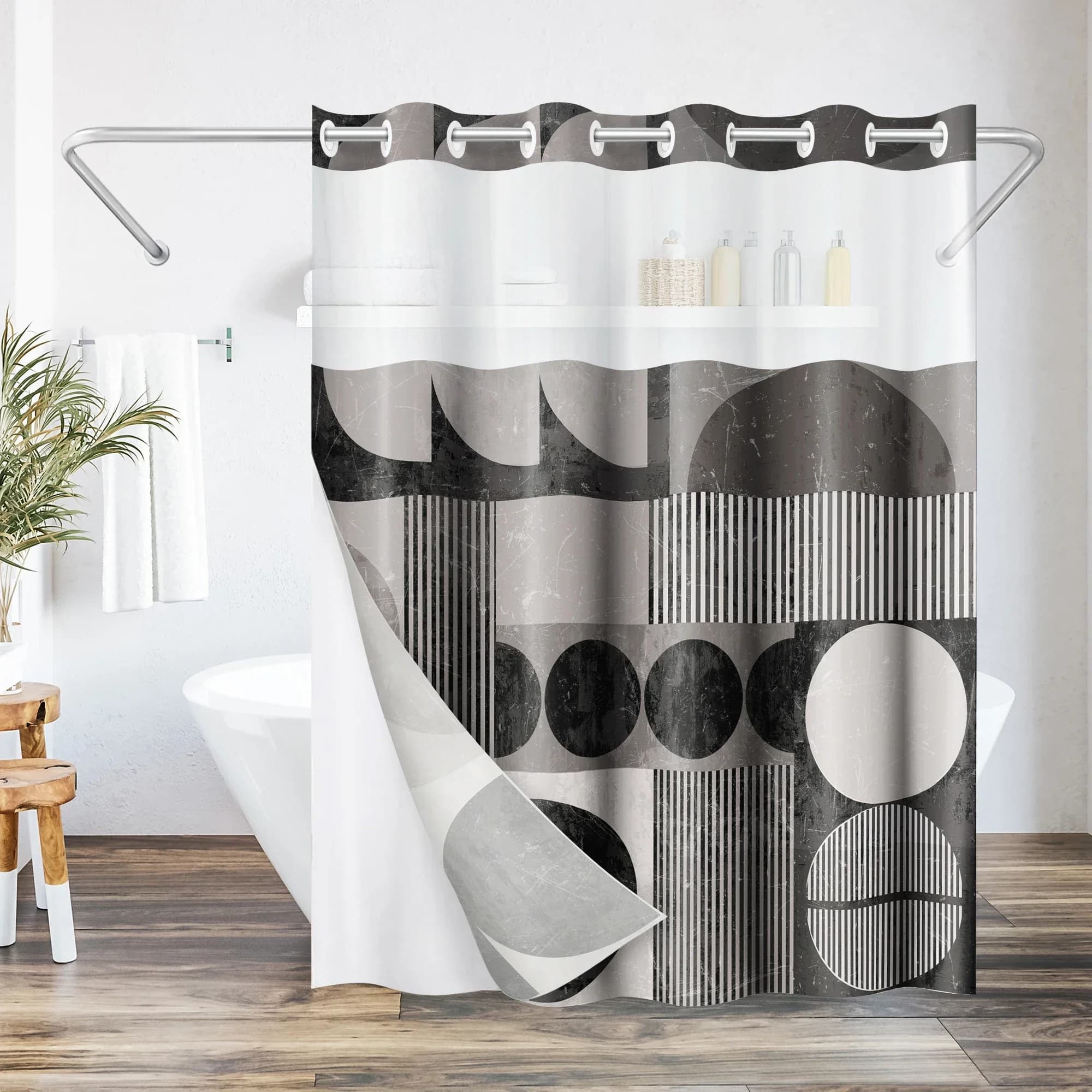 72x75 Hookless Shower Curtain - Abstract Shower Black Grey Curtain with Sheer Panel, Snap-In Liner, and Grommets
