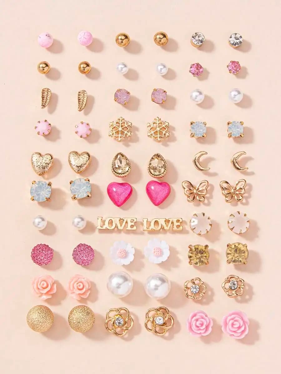Set di 30 paia di orecchini a bottone da donna con perle finte, cuore, cristalli, fiori, farfalle, fiocchi di neve, regalo di San Valentino