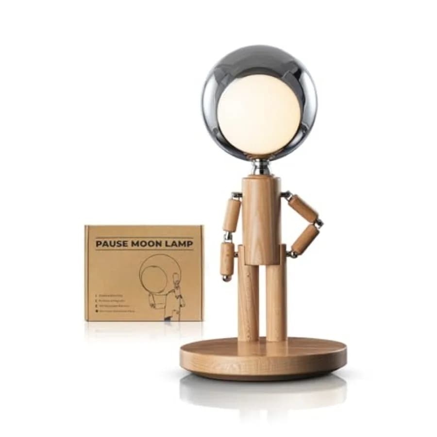 Lampada da Tavolo Ricaricabile Senza Fili in Legno Creativa con 3 Colori e Dimmerazione Continua, Lampada Luna Regolabile con Funzione Pausa, Design Unico