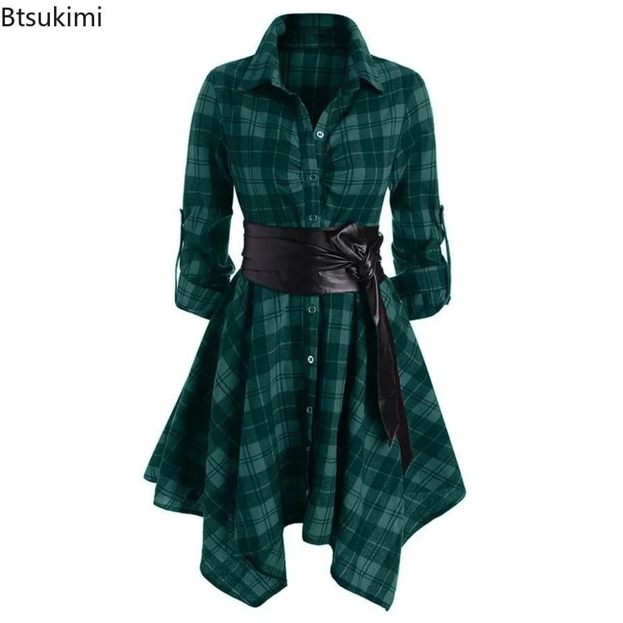 Women's Autumn Winter Irregular Red Lapel Button Up Long Sleeves Shirt Dress Belt Decoration Casual Birthday Party Costume Dress