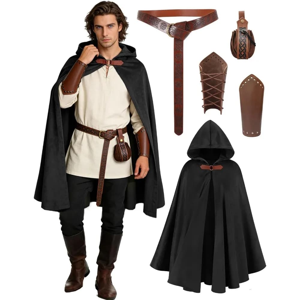 Mantello con Cappuccio Stile Rinascimentale Kasahara, Accessori per Costume Medievale, per Uomo e Donna, Mantello per Costume di Halloween, Cintura, Borsa, Bracciali