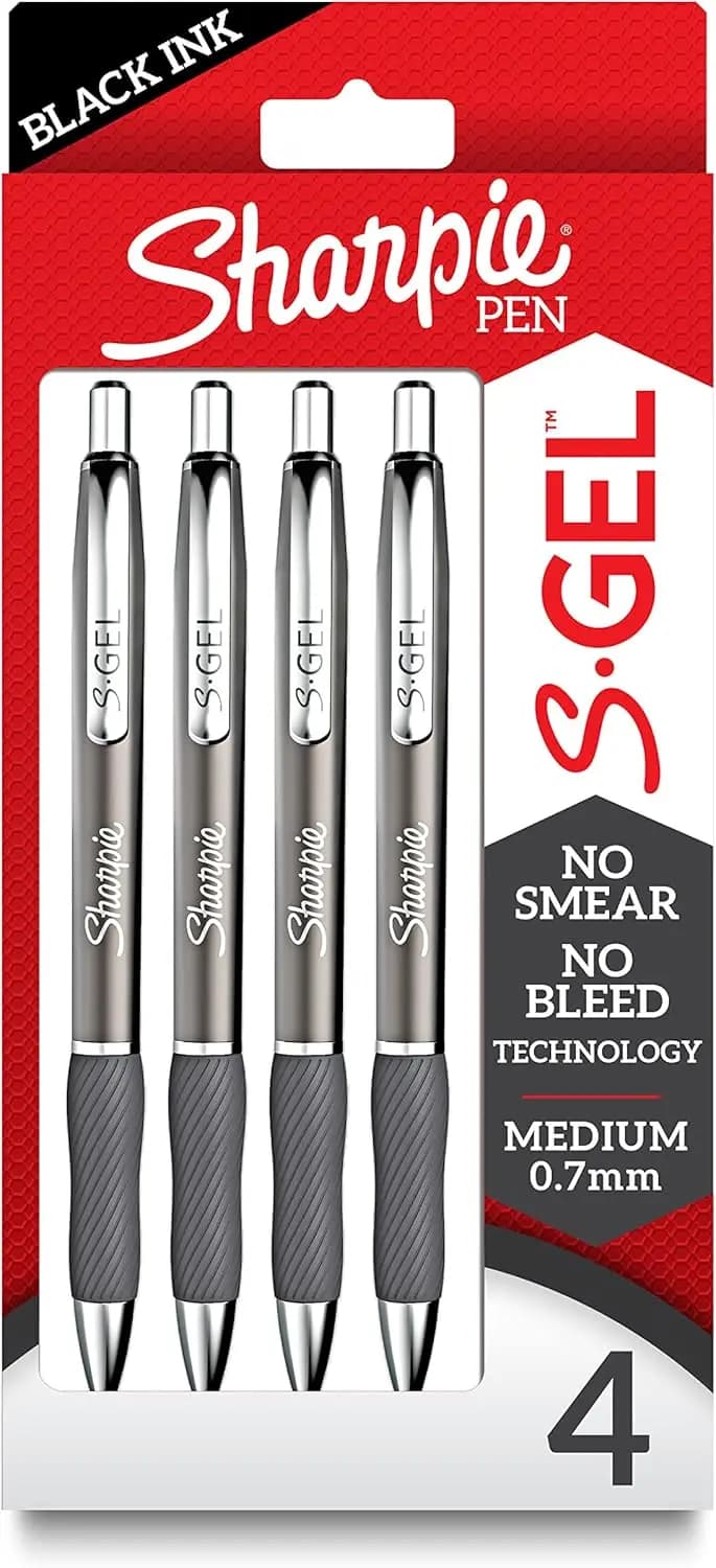 Sleek Metal Barrel Gel Pens, Medium Point 0.7mm Black Ink, No Smear Technology, 4 Count