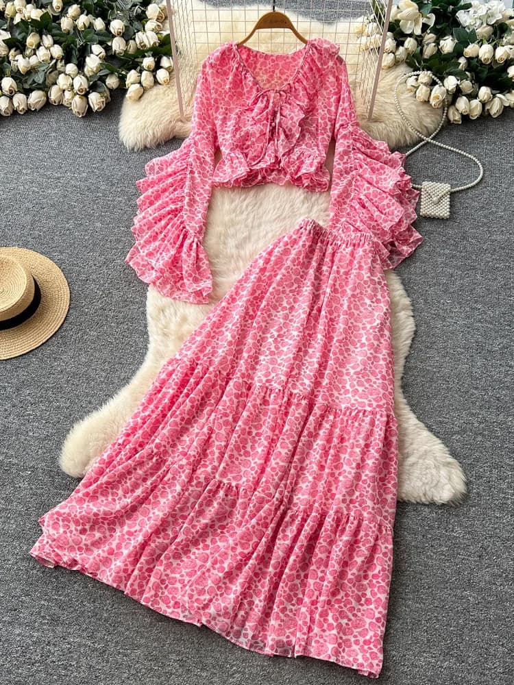 Completo Estivo in Chiffon Stile Vacanza Francese da Donna, Rosa, con Camicia a Maniche Svasate con Volant e Scollo a V, e Gonna a Strati, Set Due Pezzi L15
