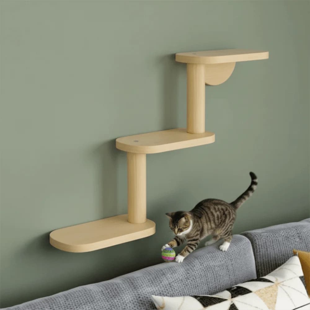 Solid Wood Cat Climbing Shelves 3-Level Floating Shelves Wall Mounted Cat Tree Space Saving Cat Sisal Scratching Post