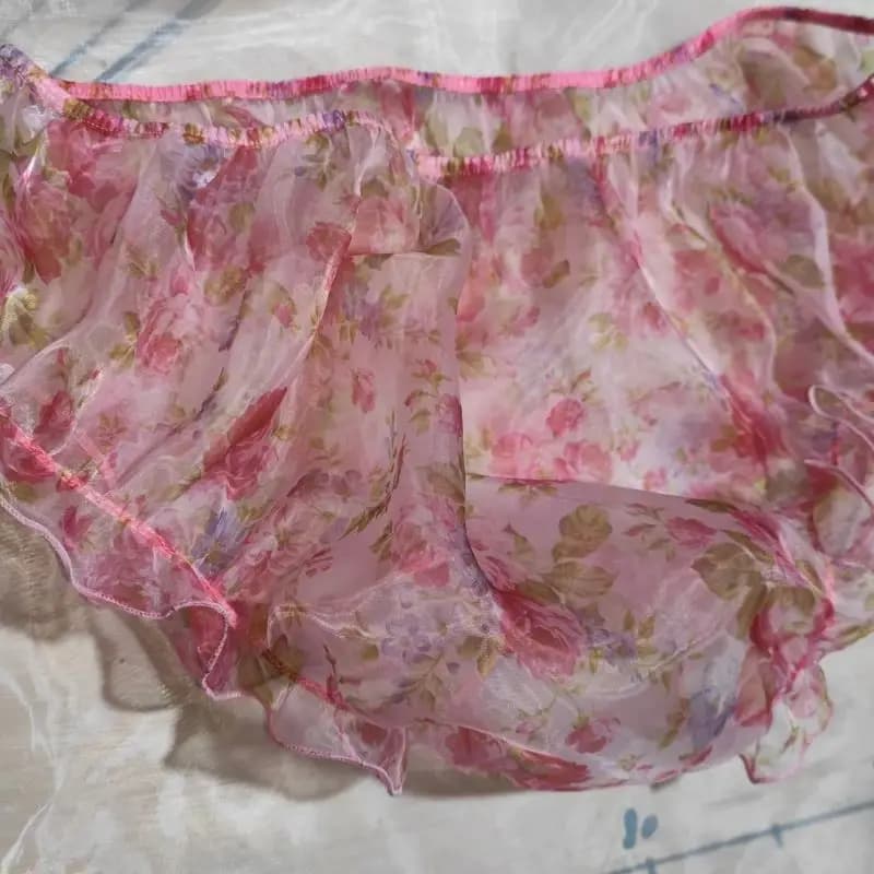 Slip sexy da uomo in organza trasparente donna morbida setosa lucida floreale elastico in vita mutandine arricciate tocco setoso lingerie erotica