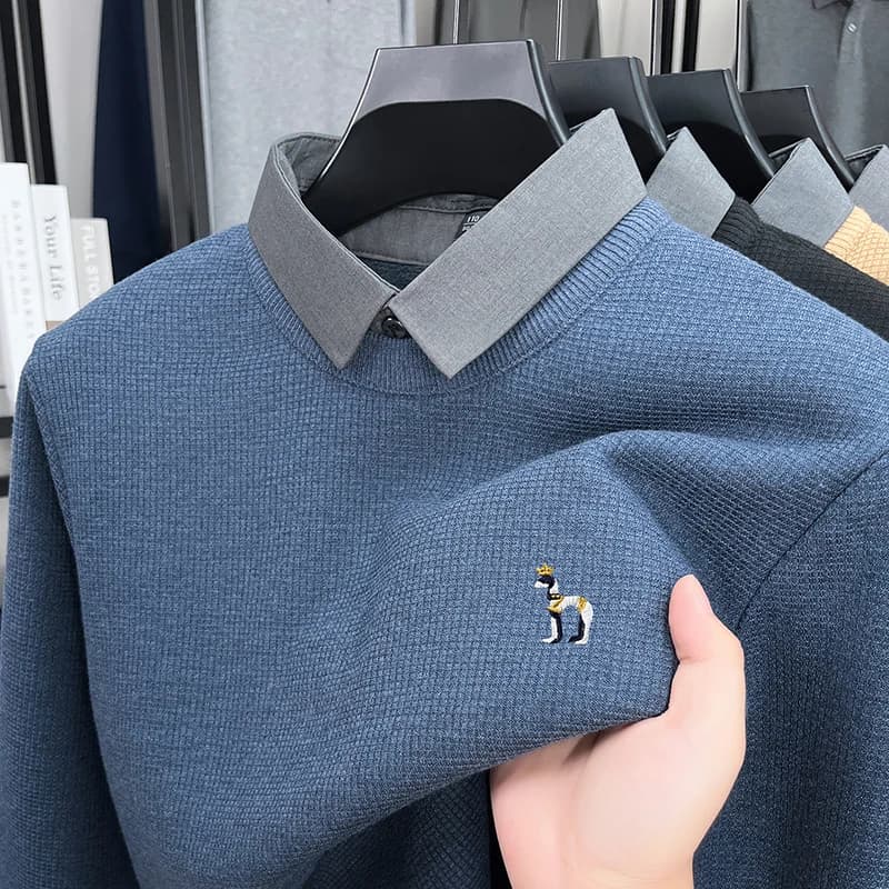 Luxury wool fake two-piece sweater high-end brand exquisite embroidery comfort texture casual pullover trend lapel men's wear