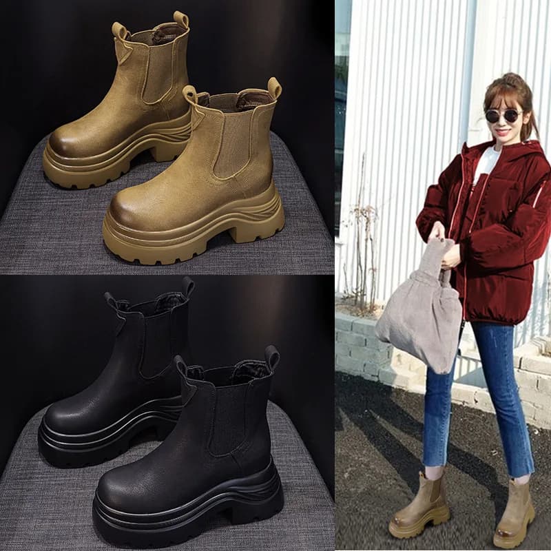 Women's Boots Autumn Winter Thick Bottom Heightening Casual Fashion British Style One-Touch Match All-Season Smoke Tub...