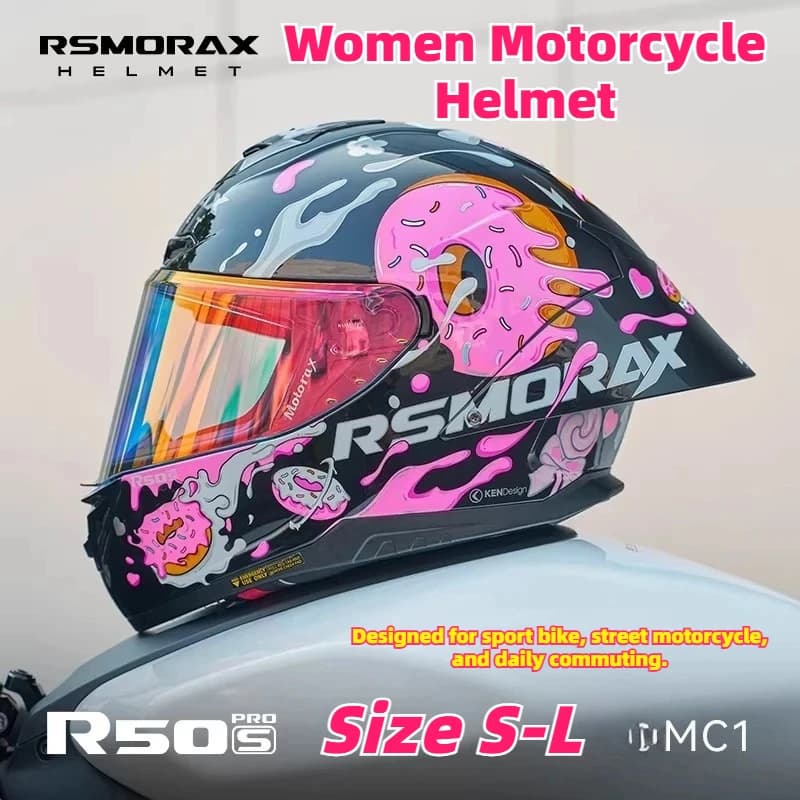 RSMORAX R50S Pro Women Motorcycle Helmet Large Spoiler Pink Donut Design Sport Bike Helmet Size S-L