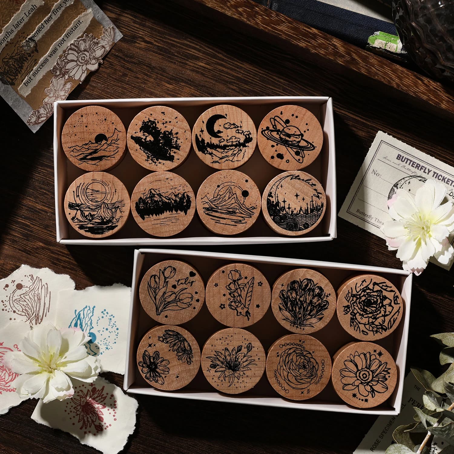 8 pcs Sun, Moon, Stars, Plants Wooden Rubber Stamps Sets Diy Rubber Stamp For Card Making Scrapbooking supplies
