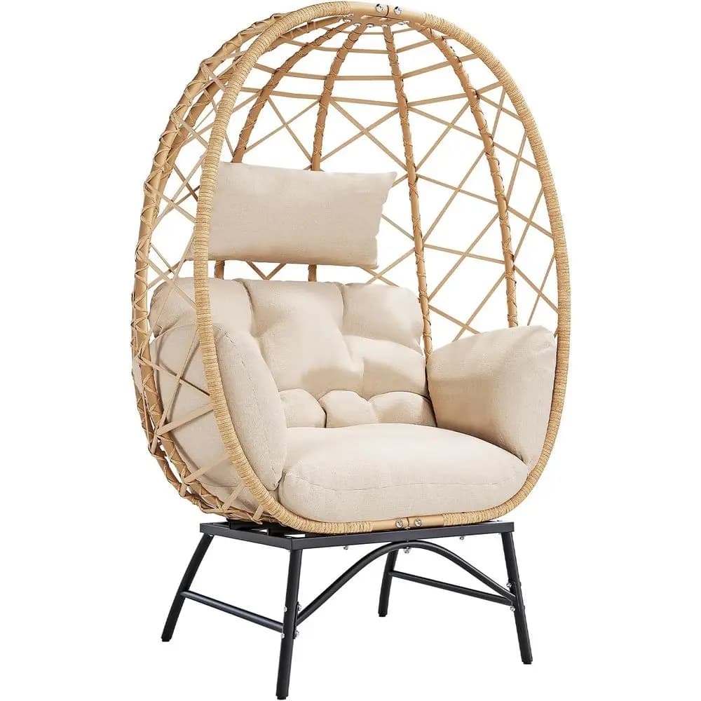 Poltrona a Uovo in Vimini Oversize da Esterno con Cuscino per Patio, Soggiorno o Balcone - Beige