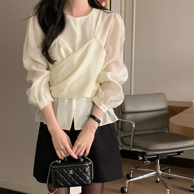 Chic Cross-Belted Layered Top Women's Long Sleeve round Neck Lace Shirt Commute Style Pure Color Spring 2025 Fashion Trend