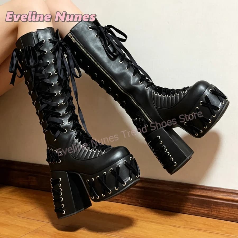 Gothic Punk Crisscross Lace Up Platform Boots Round Toe Thick Sole Side Zip Street Style Y2K Cut Out Patchwork Knee High Boots