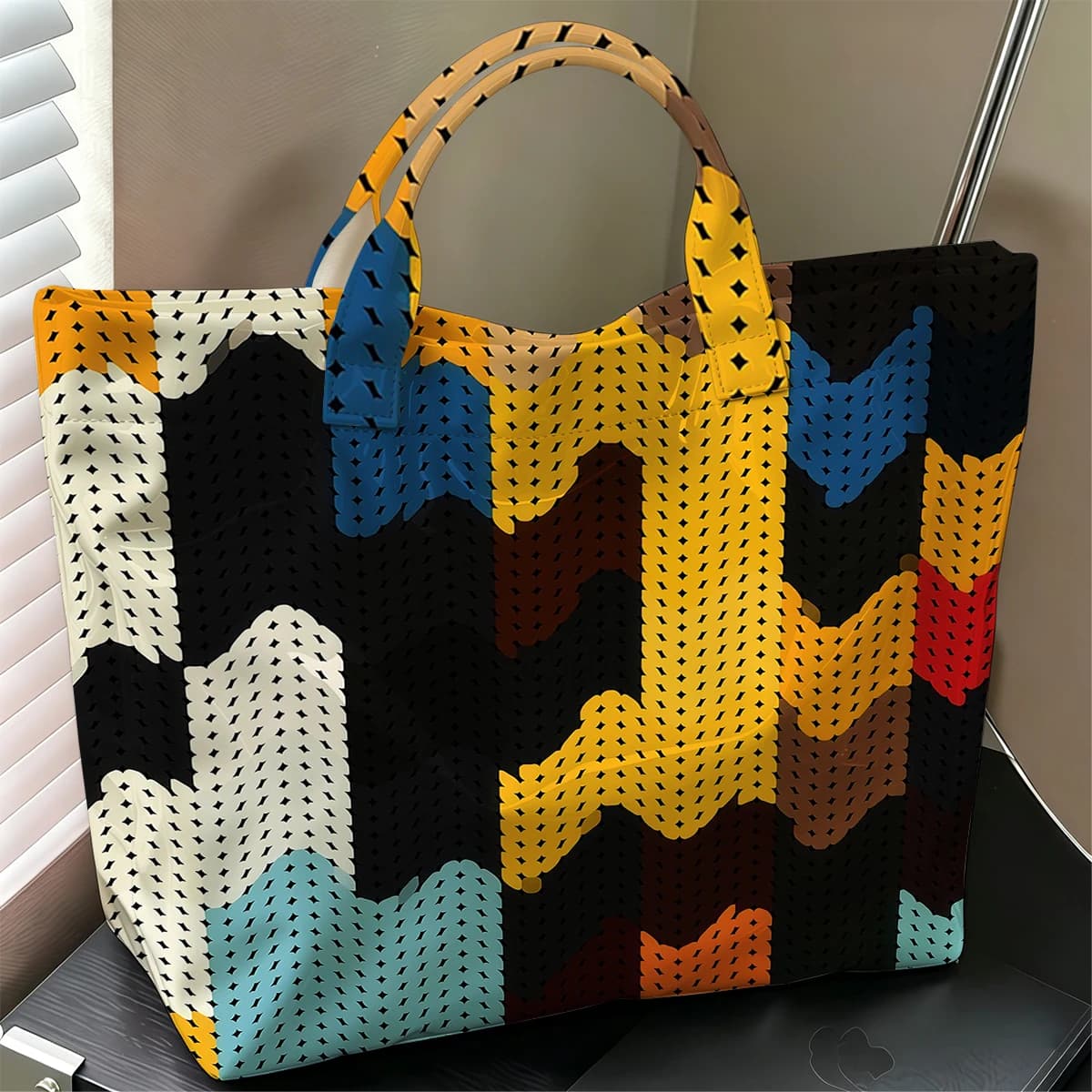 Knitted Chevron Fashion Large Glossy PVC Tote Bag Hand Washable Waterproof Perfect Travel Commute Cosmetic Storage Shopper