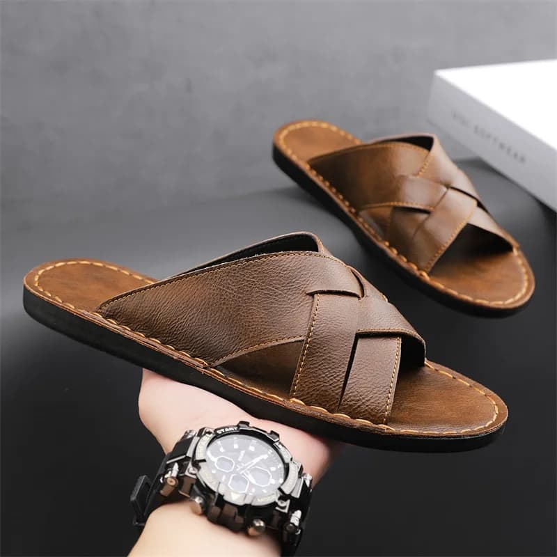 Sandali casual da uomo in vera pelle, pantofole estive da uomo, scarpe da spiaggia traspiranti per esterni, comode scarpe basse da uomo, infradito da uomo, taglia 48