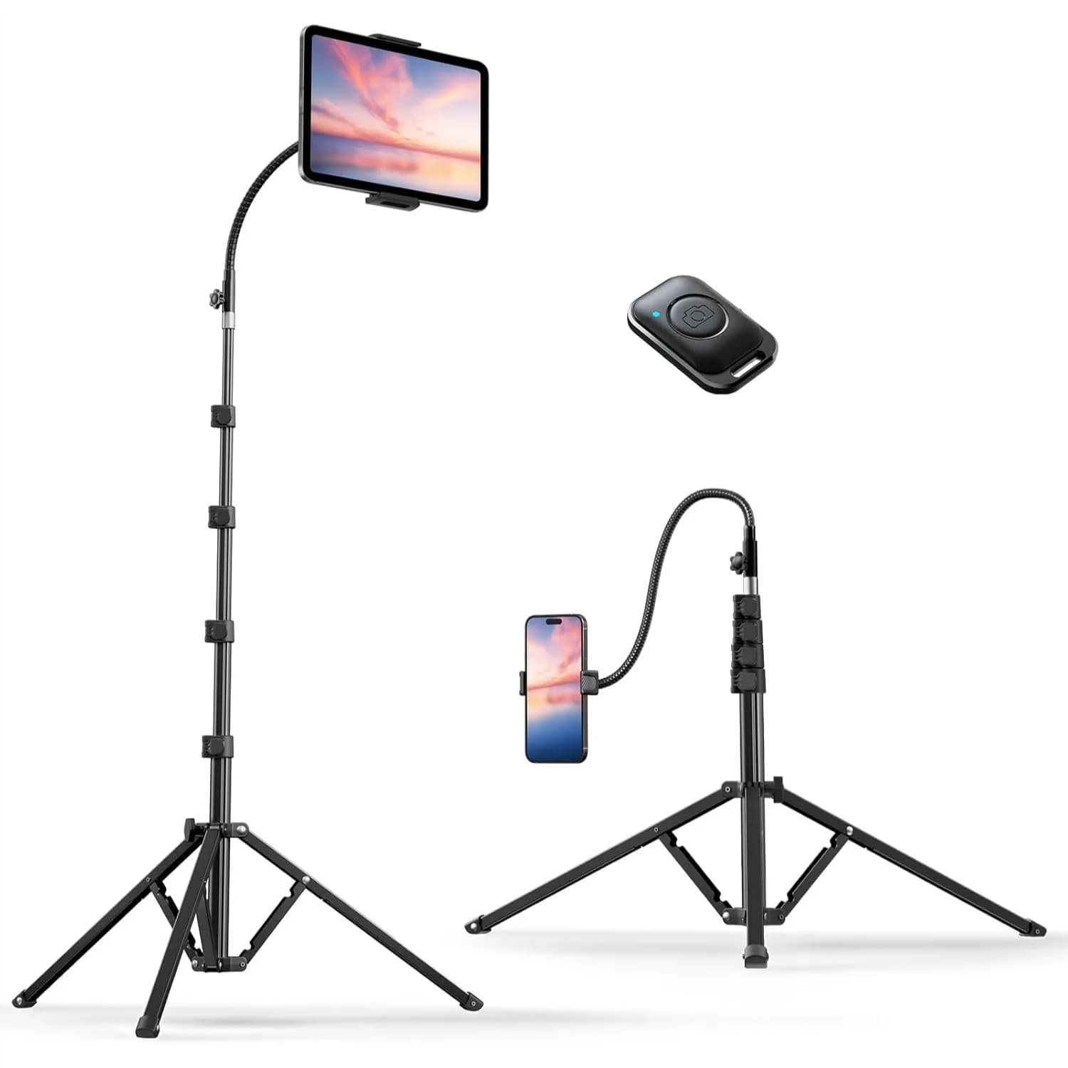 Supporto Treppiede per Tablet Ultra Resistente, 82 Pollici di Altezza, con Telecomando e Collo d'Oca Regolabile per iPad Pro 12.9'', Kindle, iPhone e Tutti i Dispositivi da 4.5-13 Pollici