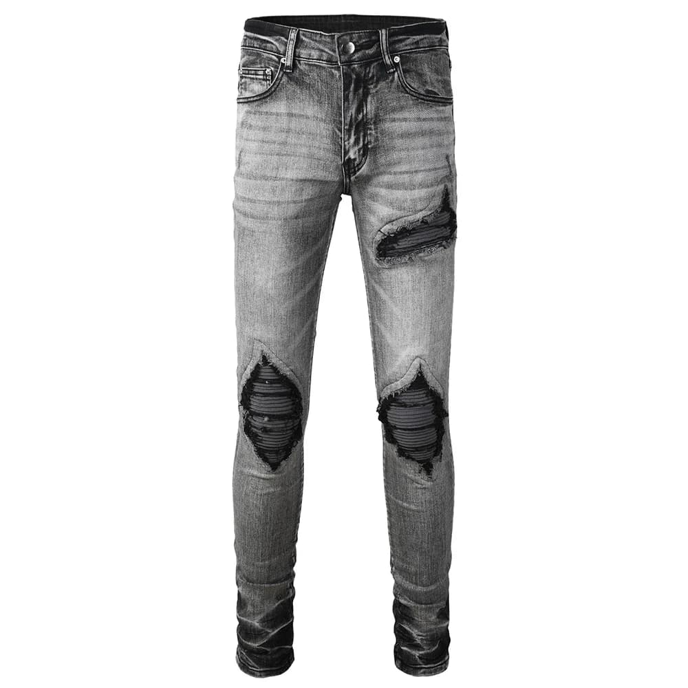 Men's Streetwear Skinny Jeans Pleated Flannel Patch Stretch Denim Pants Distressed Patchwork Tapered Trousers Gray Black