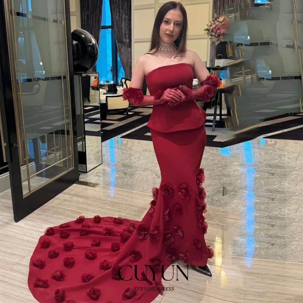 CUYUN Abiti da sera rossi di lusso Sexy fiori 3D senza maniche senza spalline eleganti abiti da ballo festa abiti personalizzati De Noche