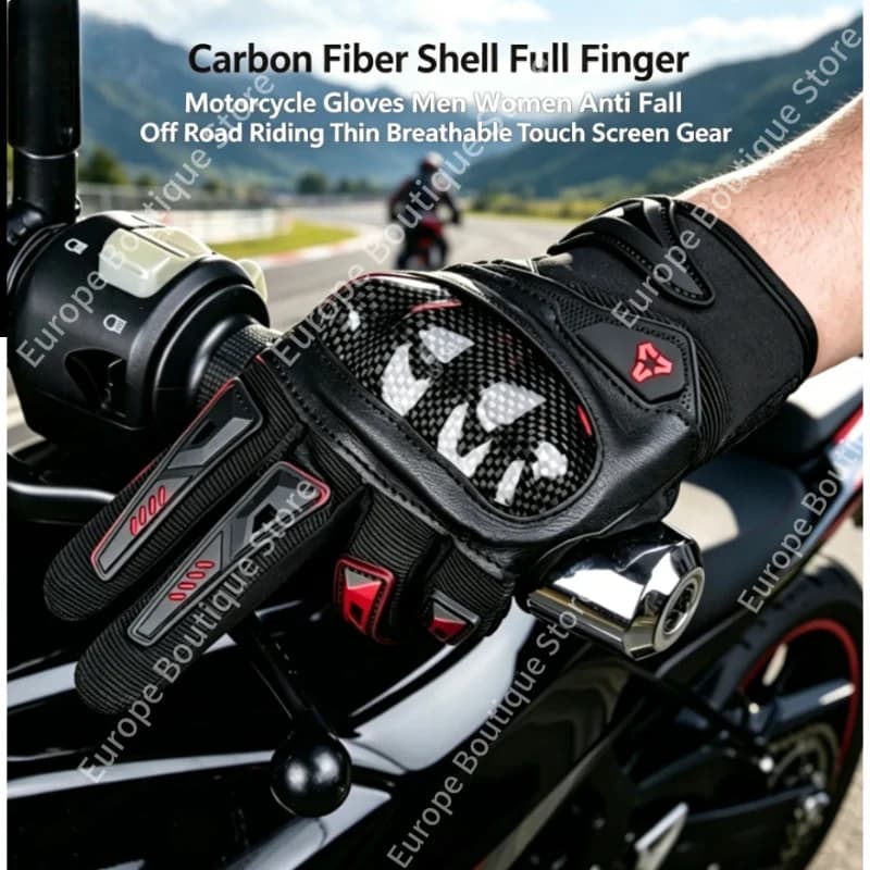 2026 NEW Carbon Fiber Shell Full Finger Motorcycle Gloves Men Women Anti Fall Off Road Riding Thin Breathable Touch Screen Gear