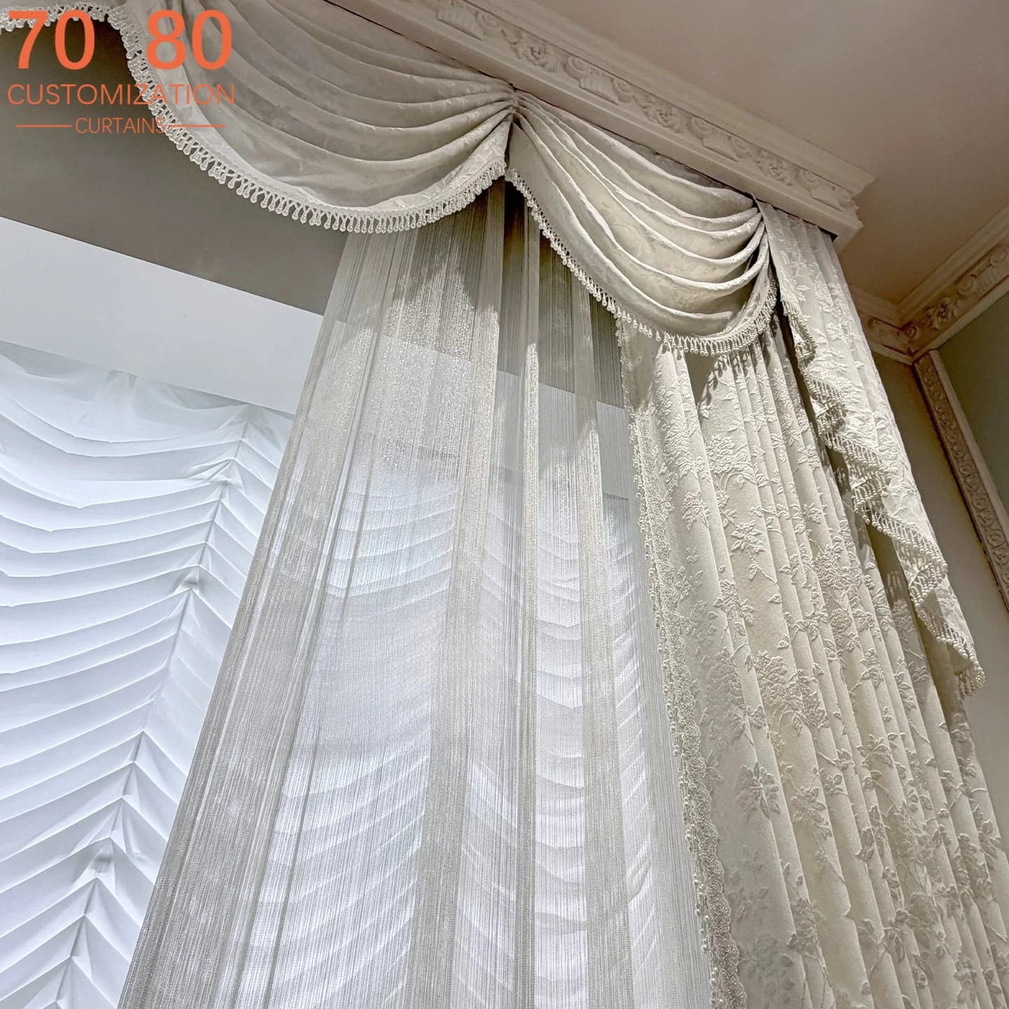 New French Cream Beige Jacquard Screen Pearl Curtains for Living Room Bedroom Balcony Customized French Window Valance