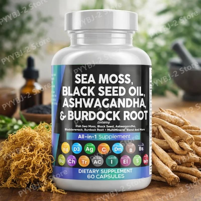 Sea Moss Capsules Contain Black Seed Turmeric & Vitamin D Plant-Based Daily Mineral All in One Supplement 60 Count Per Bottle
