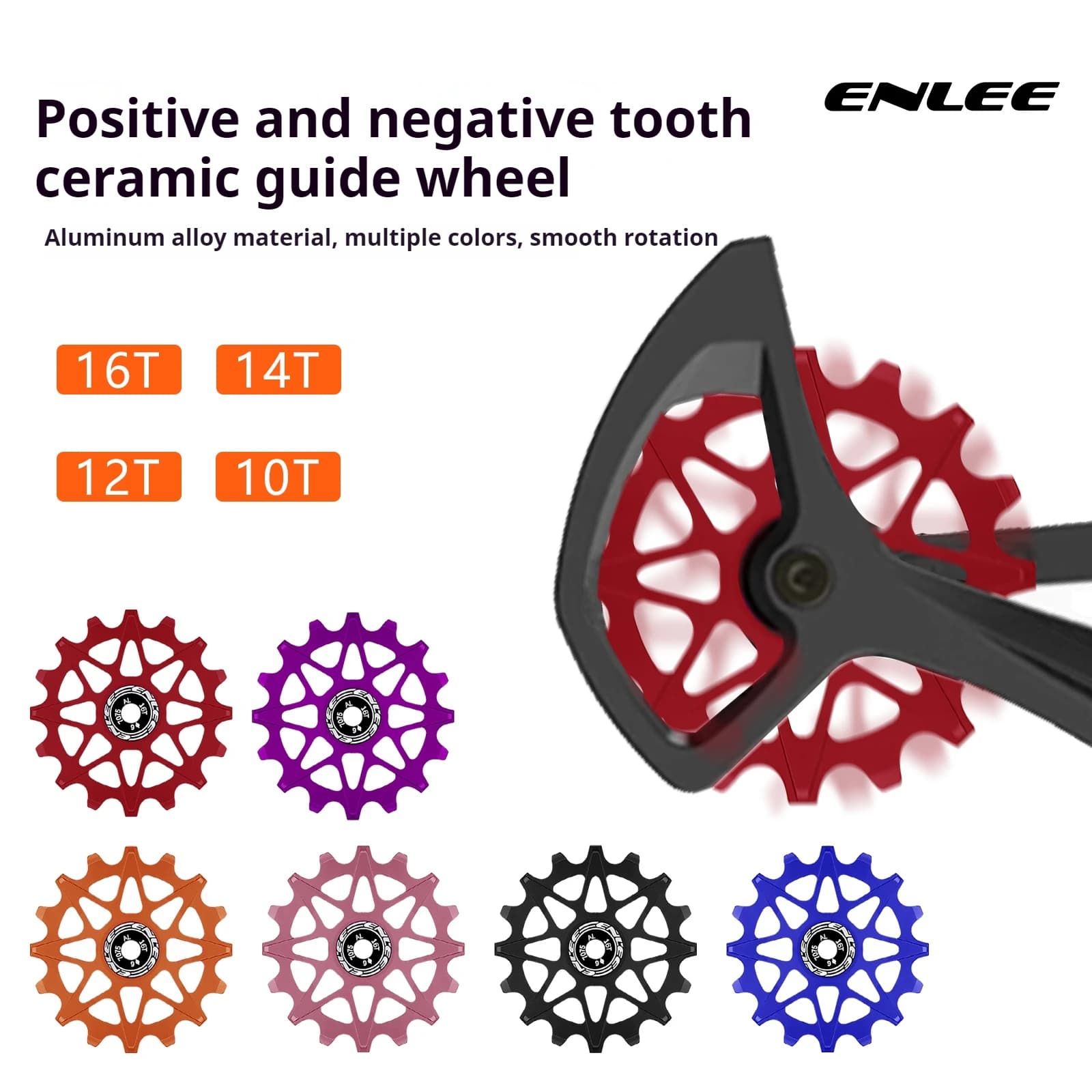 ENLEE Deragliatore posteriore per bicicletta Dente positivo e negativo Ruota guida in ceramica Mountain Road Bike 10/12/14/16T Ruota guida